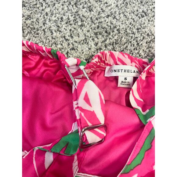 OneTheLand‎ Maxi Dress Pink Tropical Leaf Print Boho Resort Size Small VGUC - Picture 7 of 12